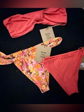 Stone Fox Swim BUNDLE Coral & Floral Bikini Set WITH BANDEAU TOP AND 2 bottoms